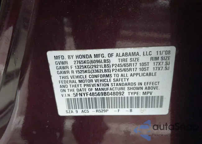 5FNYF48569B048092: 42536077