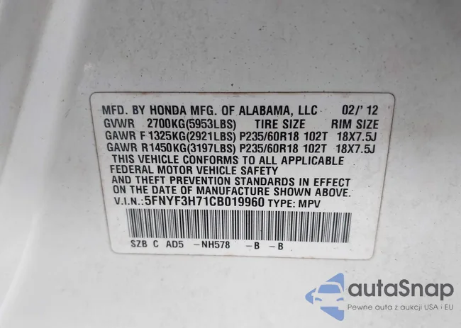 5FNYF3H71CB019960: 42535501