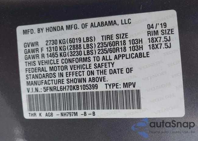 5FNRL6H70KB105399: 42538445