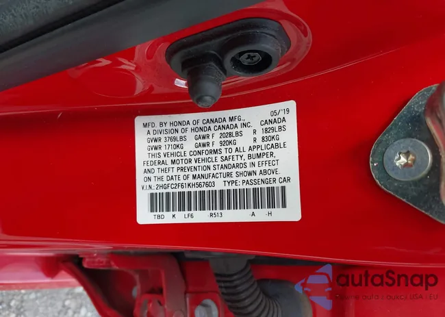 2HGFC2F61KH567603: 42539583