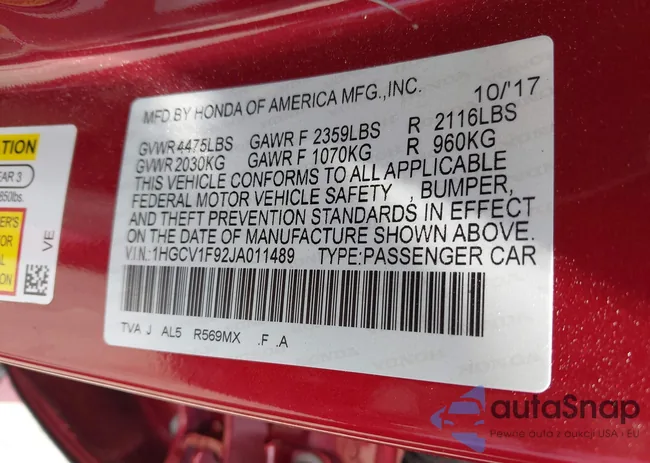 1HGCV1F92JA011489: 42539560