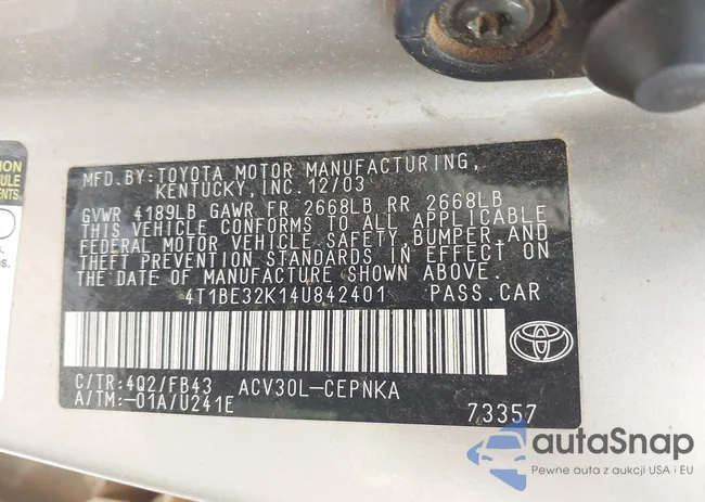 4T1BE32K14U842401: 42542516