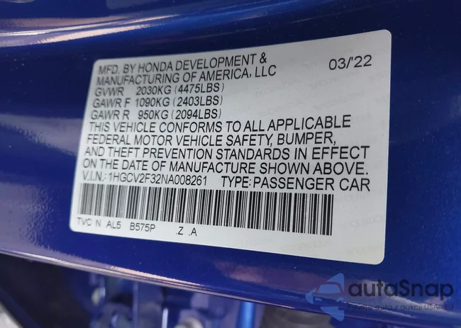 1HGCV2F32NA008261: 42545629