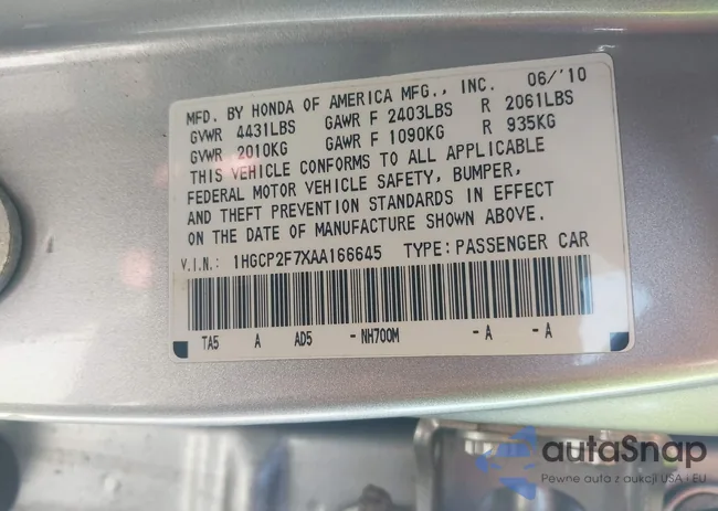 1HGCP2F7XAA166645: 42546166