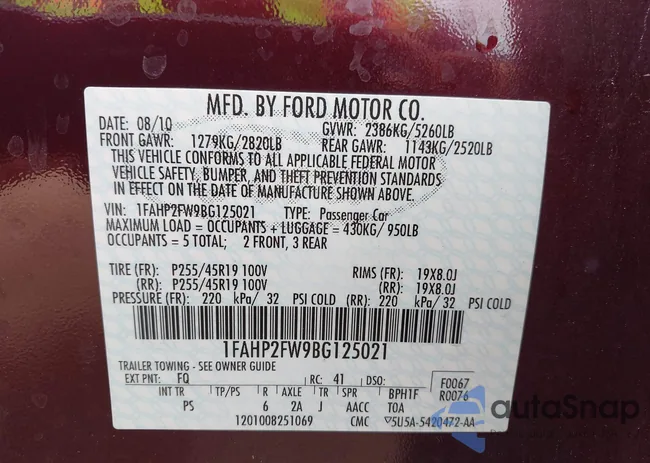 1FAHP2FW9BG125021: 42547341