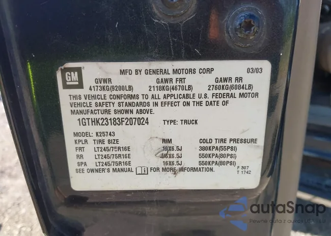 1GTHK23183F207024: 42550100