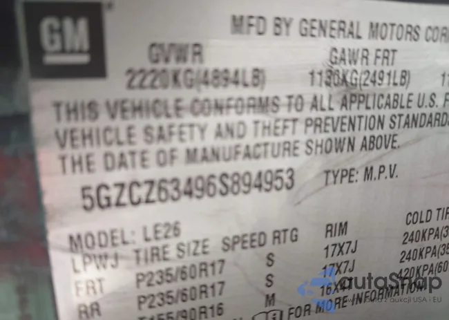 5GZCZ63496S894953: 42550314