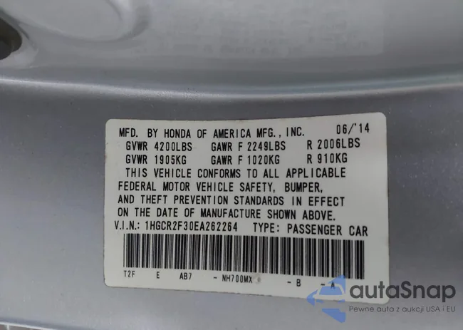 1HGCR2F30EA262264: 42552550