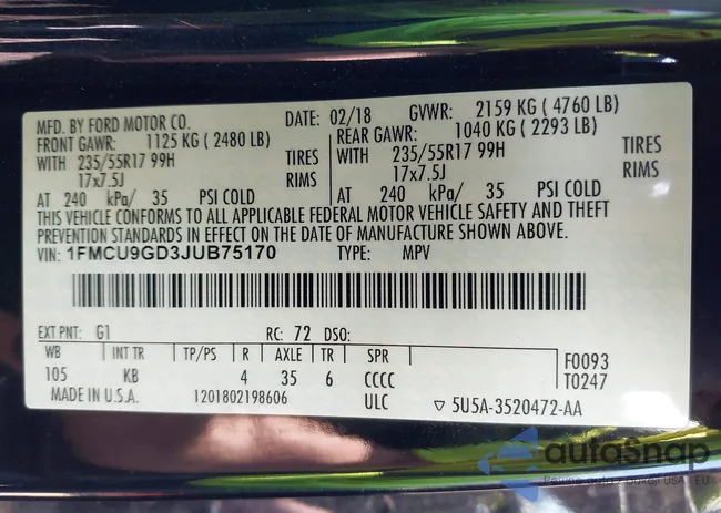 1FMCU9GD3JUB75170: 42557285