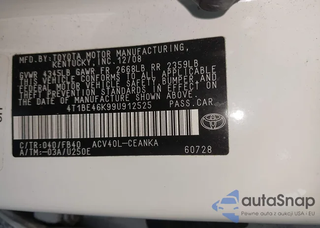 4T1BE46K99U912525: 42561255