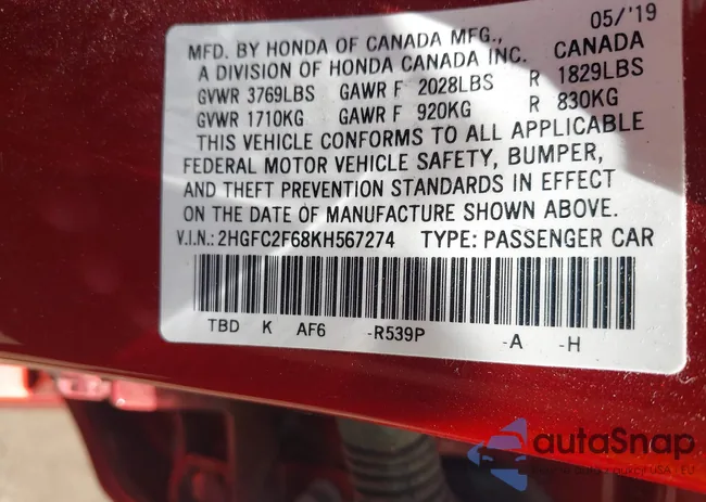 2HGFC2F68KH567274: 42562672