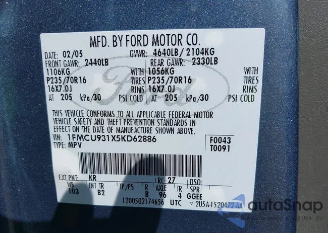 1FMCU931X5KD62886: 42564007