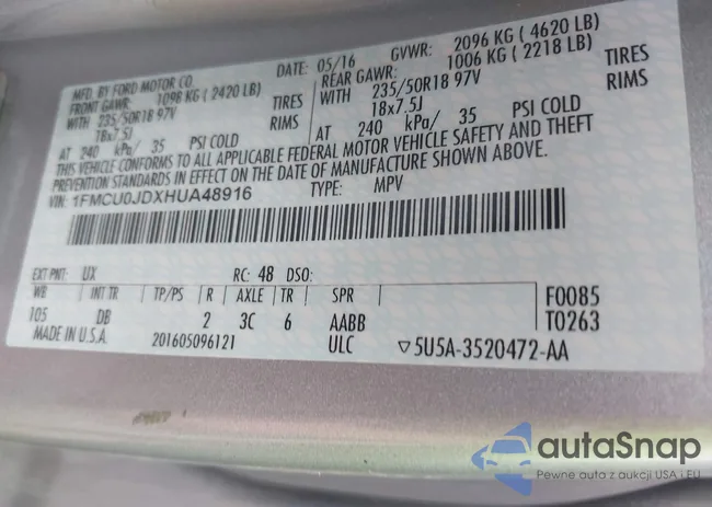 1FMCU0JDXHUA48916: 42564030