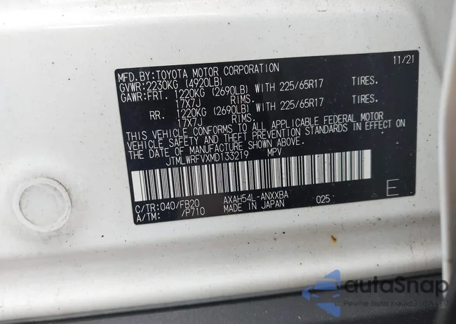 JTMLWRFVXMD133219: 42563140