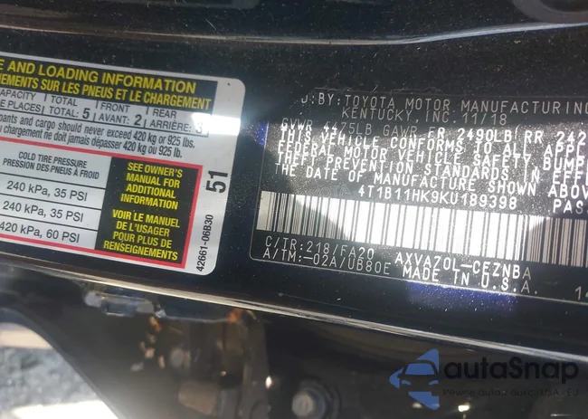 4T1B11HK9KU189398: 42563146