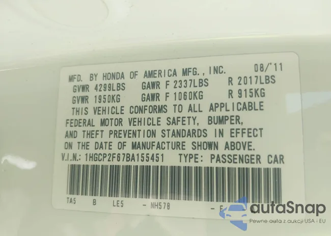 1HGCP2F67BA155451: 42566658