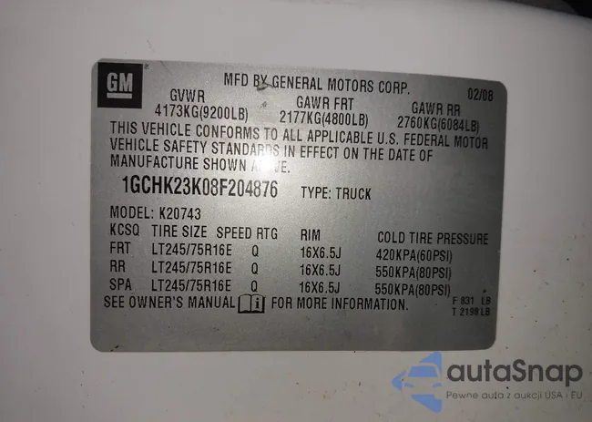 1GCHK23K08F204876: 42567562