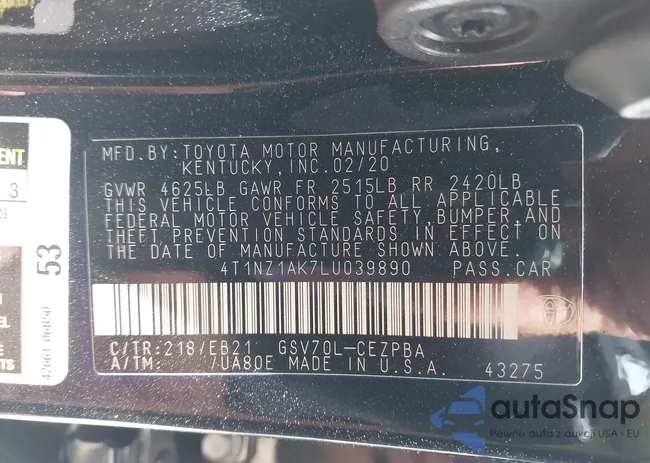 4T1NZ1AK7LU039890: 42580901