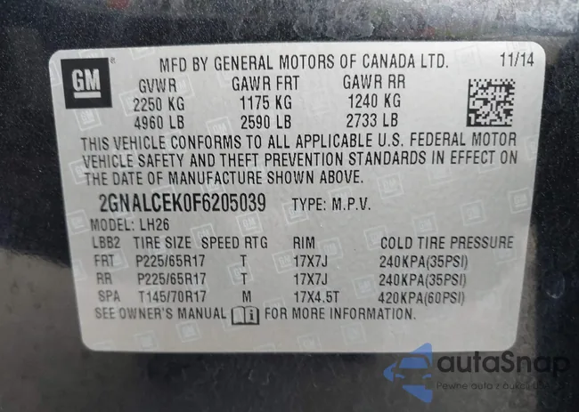 2GNALCEK0F6205039: 42581699