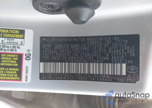 2T1BURHE8KC200845: 42582029