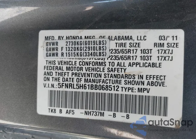 5FNRL5H61BB068512: 42582576