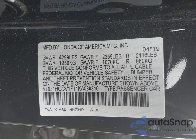 1HGCV1F11KA089810: 42582389