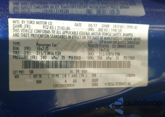 1FAHP3K20CL390525: 42588087