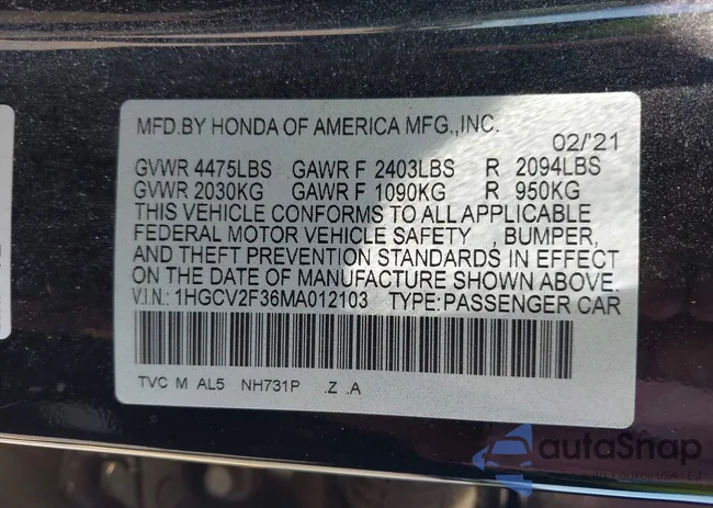 1HGCV2F36MA012103: 42589501