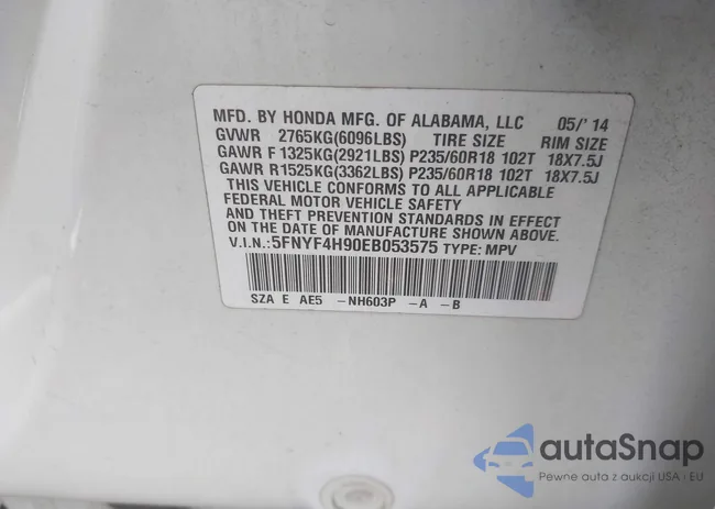 5FNYF4H90EB053575: 42589401