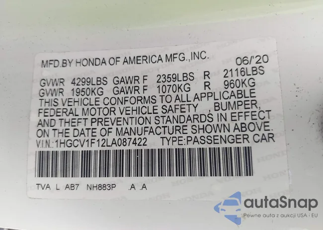 1HGCV1F12LA087422: 42593485