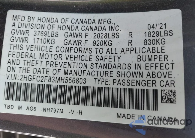 2HGFC2F83MH556803: 42594670