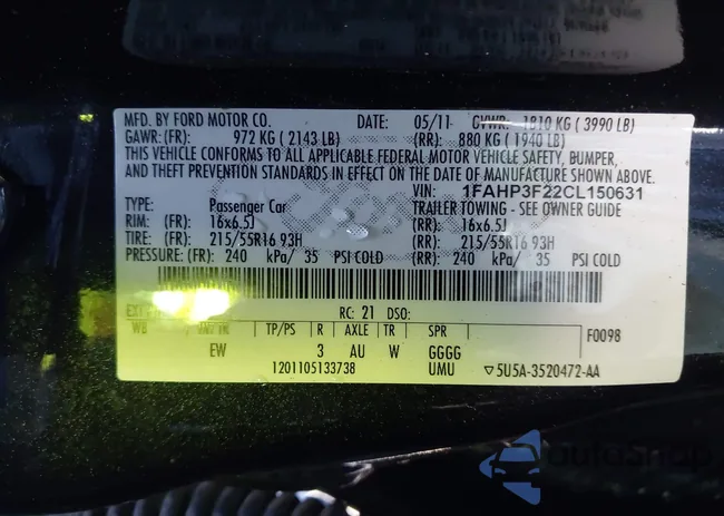 1FAHP3F22CL150631: 42594823