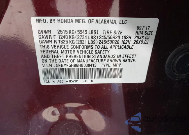 5FNYF5H96HB038413: 42594065