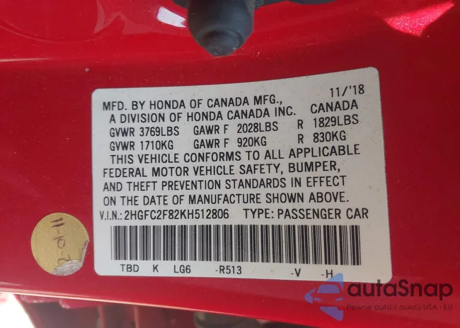 2HGFC2F82KH512806: 42595854