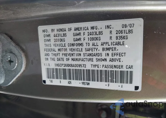 1HGCP268X8A009572: 42598085