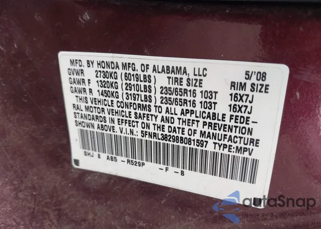 5FNRL38298B081597: 42600959