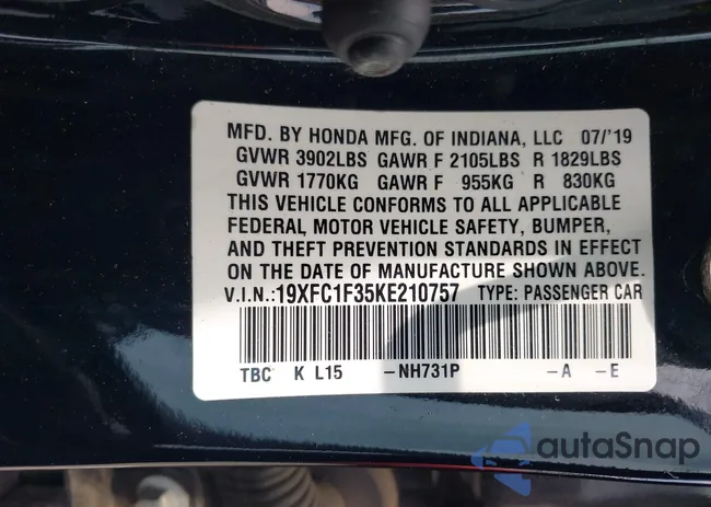 19XFC1F35KE210757: 42601703