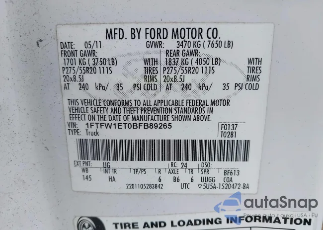 1FTFW1ET0BFB89265: 42603589