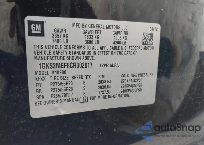 1GKS2MEF8CR302017: 42606507