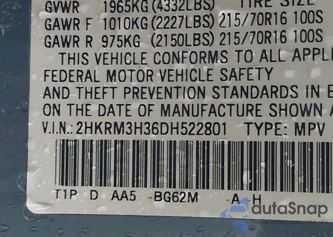 2HKRM3H36DH522801: 42606635