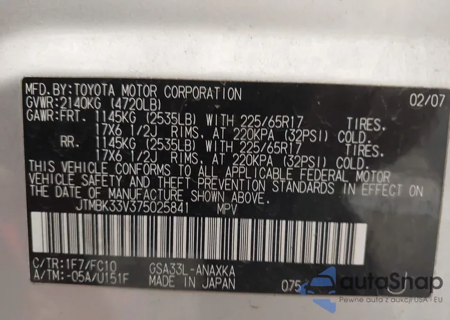 JTMBK33V375025841: 42606814