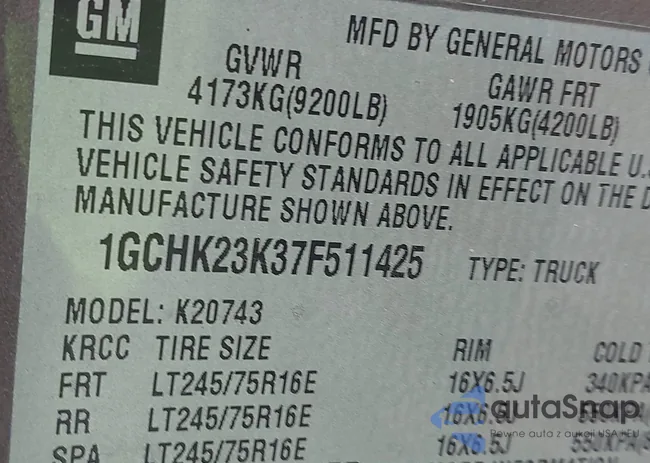 1GCHK23K37F511425: 42606973