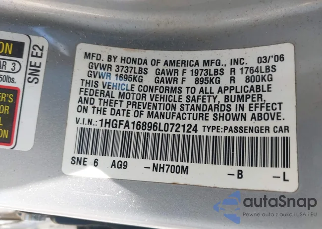 1HGFA16896L072124: 42607815