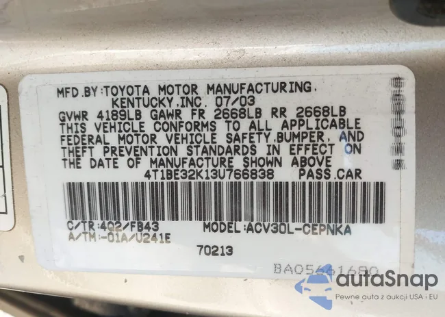 4T1BE32K13U766838: 42607979