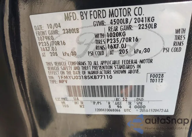 1FMYU03185KB77110: 42607200