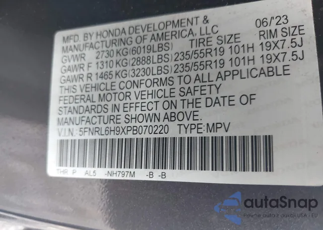 5FNRL6H9XPB070220: 42607290