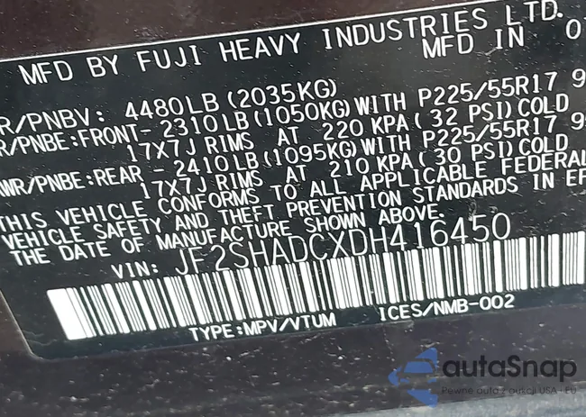 JF2SHADCXDH416450: 42607367