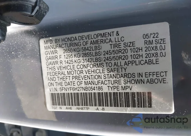 5FNYF6H27NB054186: 42608833