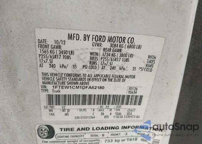 1FTEW1CM1DFA62180: 42611788