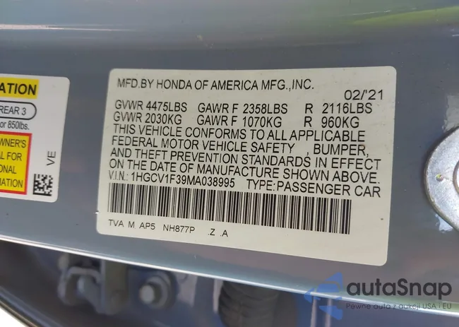 1HGCV1F39MA038995: 42612031